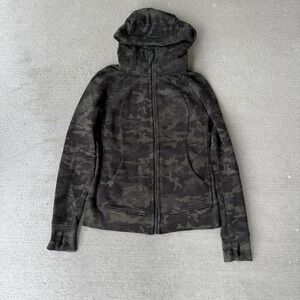 Lululemon Scuba Hoodie Full Zip Black Camo Size 8 Thick Cotton Fleece Thumbholes